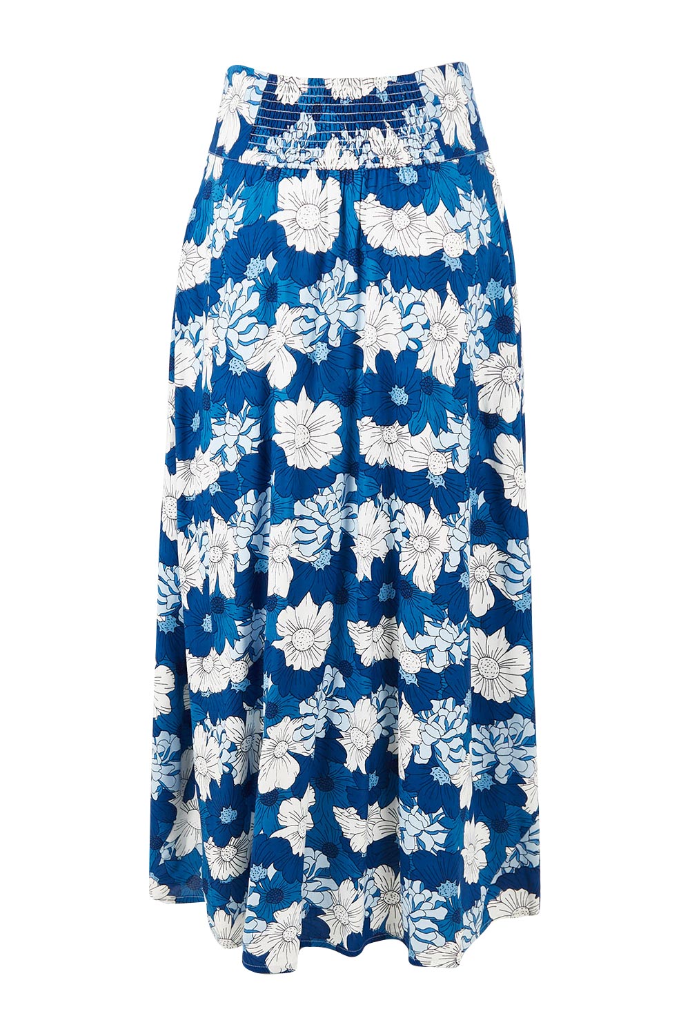 Product shot of the Rosie Maxi Skirt in colour Wallflower (Blue), from the back