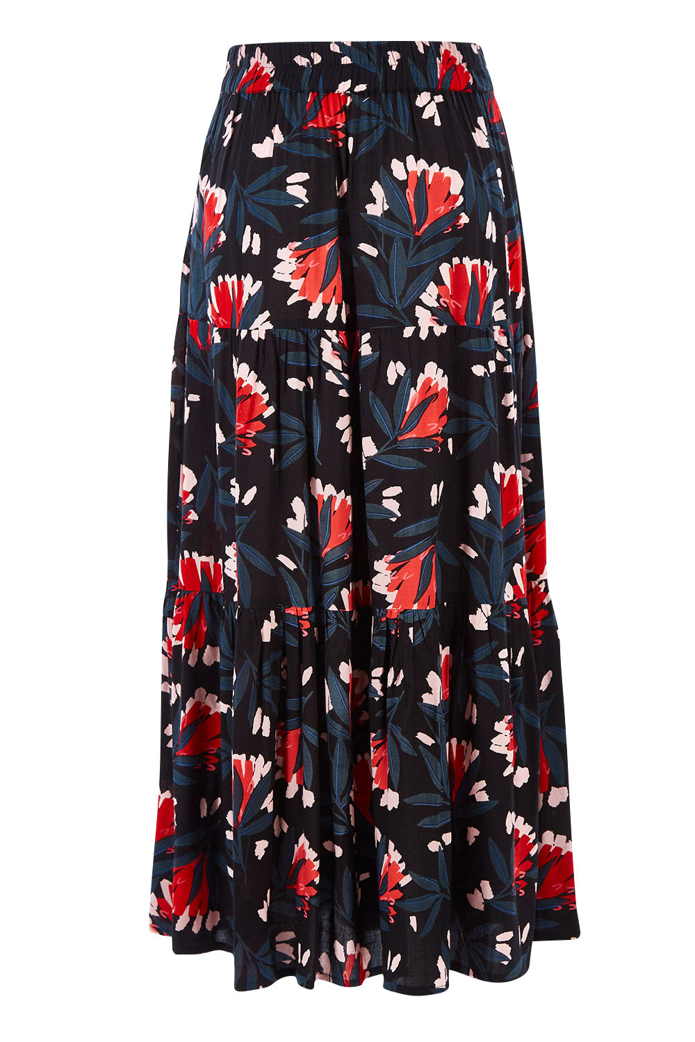 Product shot of the Mallory Tier Skirt in colour Paperdaisy (Black), from the front