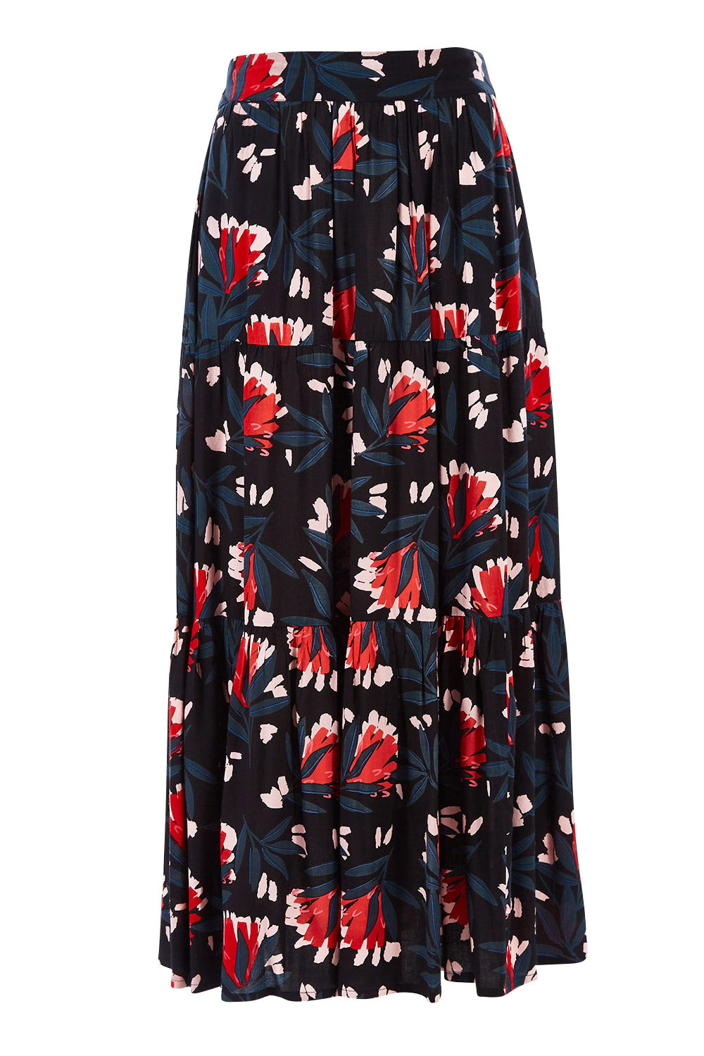 Product shot of the Mallory Tier Skirt in colour Paperdaisy (Black), from the front