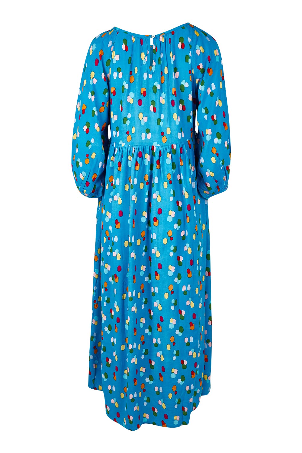 Product shot of the Alice Gathered Dress in colour Speckle (Blue), from the back