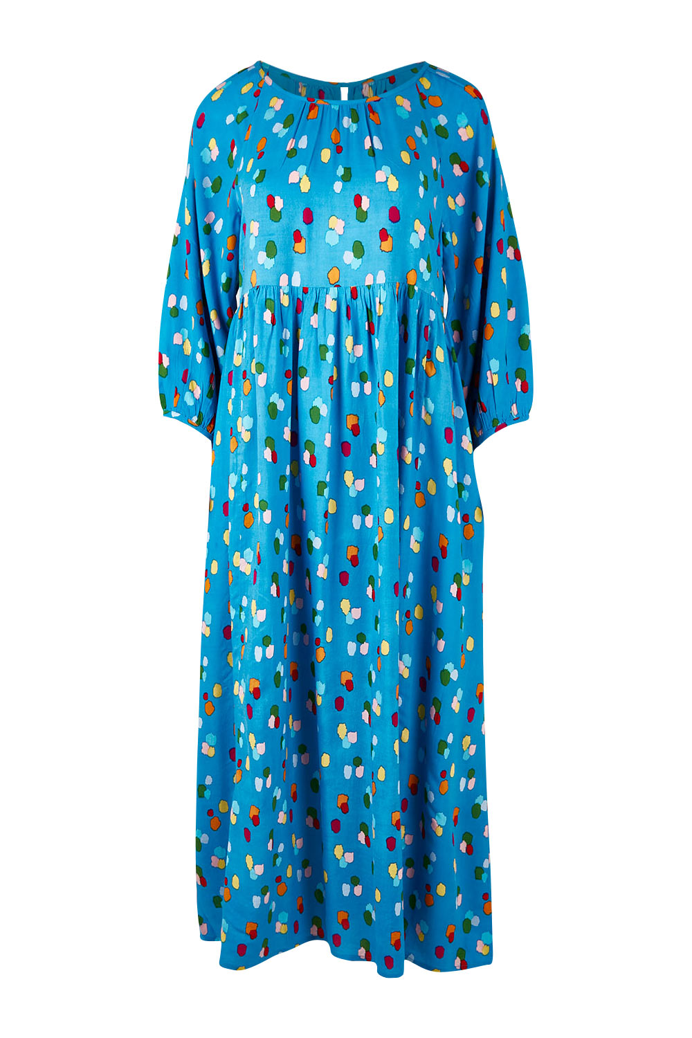 Product shot of the Alice Gathered Dress in colour Speckle (Blue), from the front
