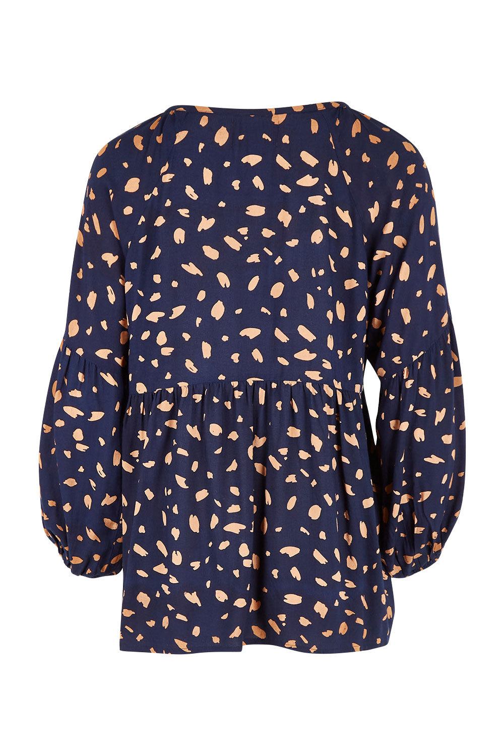 Product shot of the Dianna Blouse in colour Spot (Blue), from the back