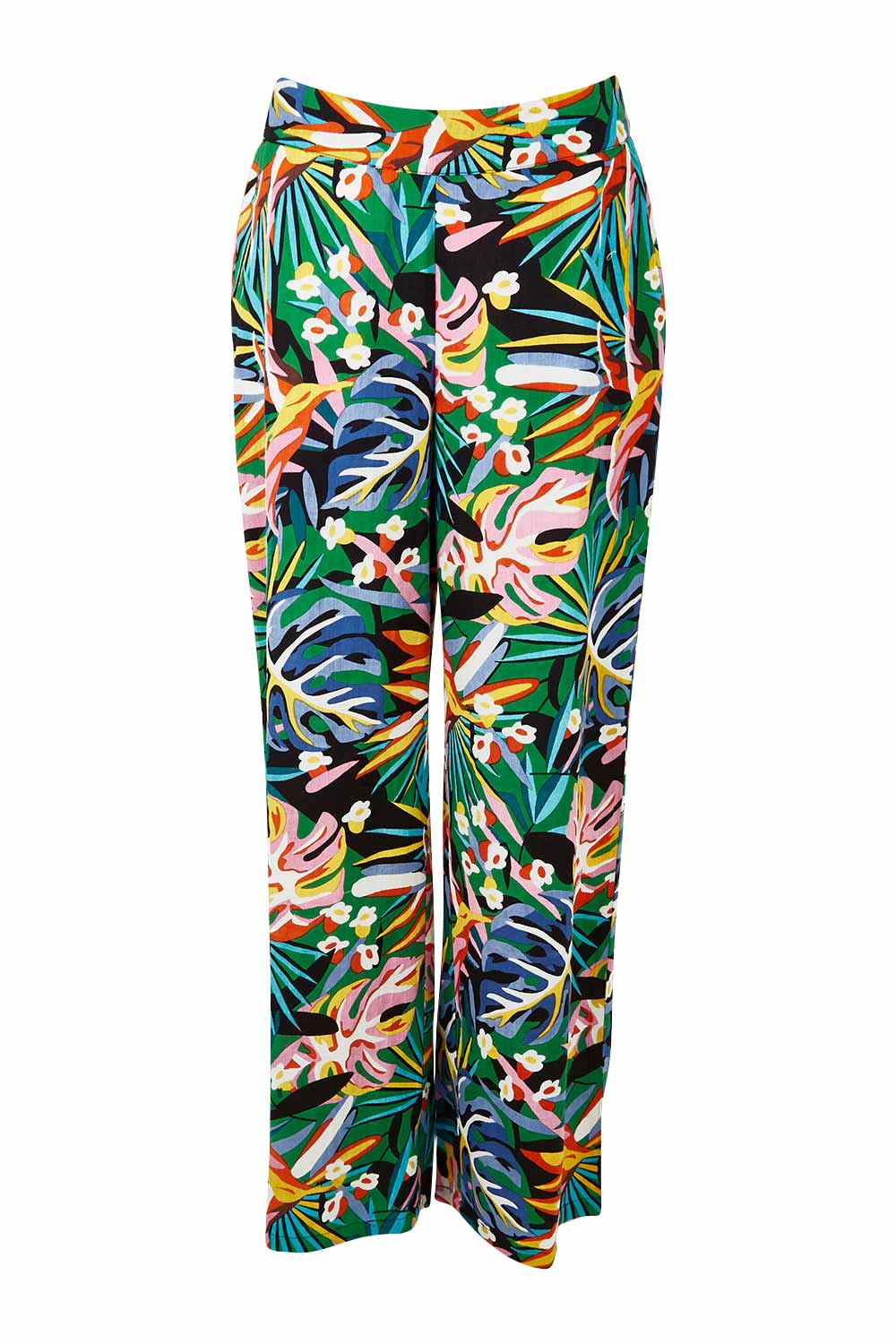Product shot of the Stella Print Pant in colour Rainforest (Blue), from the front