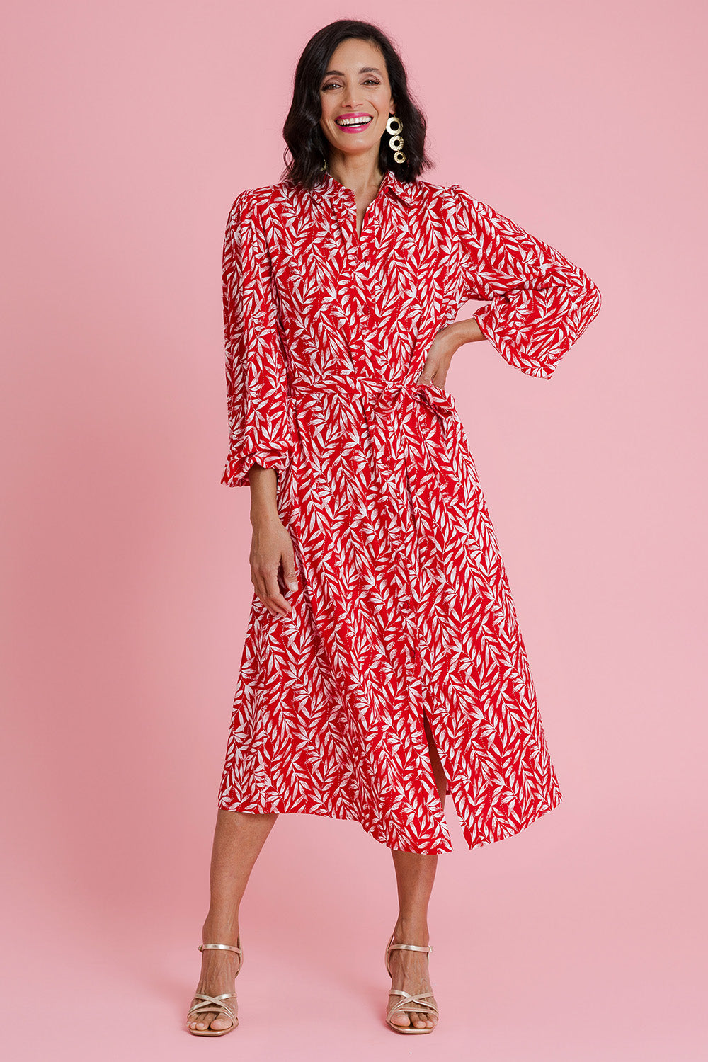 Model Natalie wearing size 10 of the Sandra Midi Shirt Dress in colour Forest (Red), from the front, showing the whole outfit