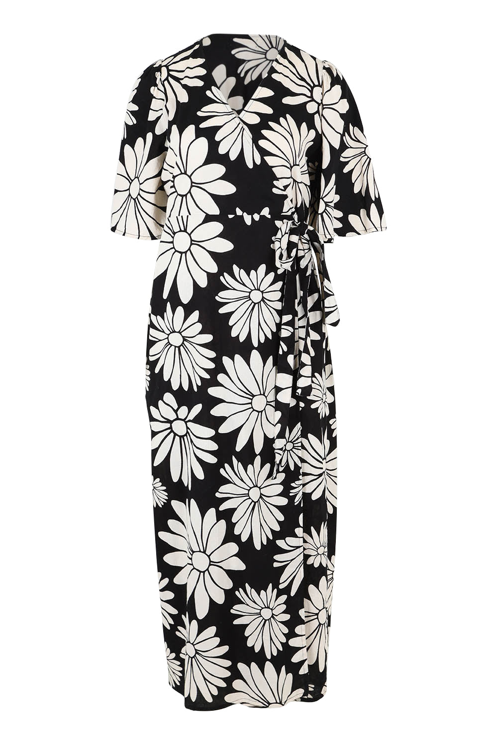 Product shot of the Gloria Cotton Wrap Dress in colour Bolddaisy (Black), from the front