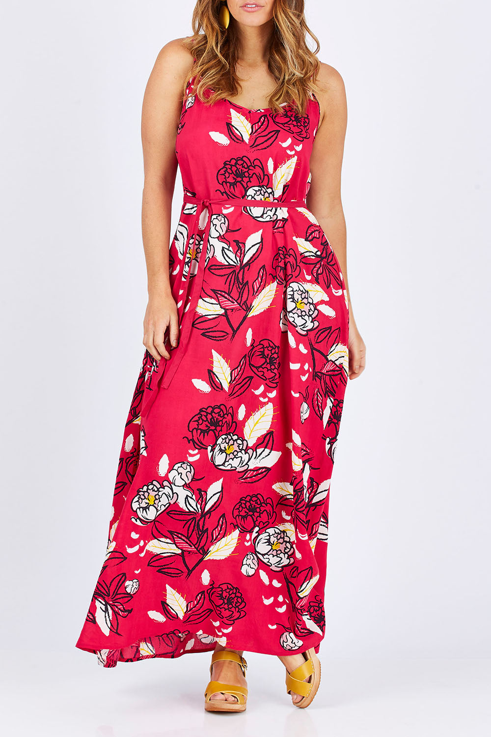 Model Laura wearing size 12 of the Penny Maxi Dress Catalonia in colour Pink (Pink), from the front, cropped image