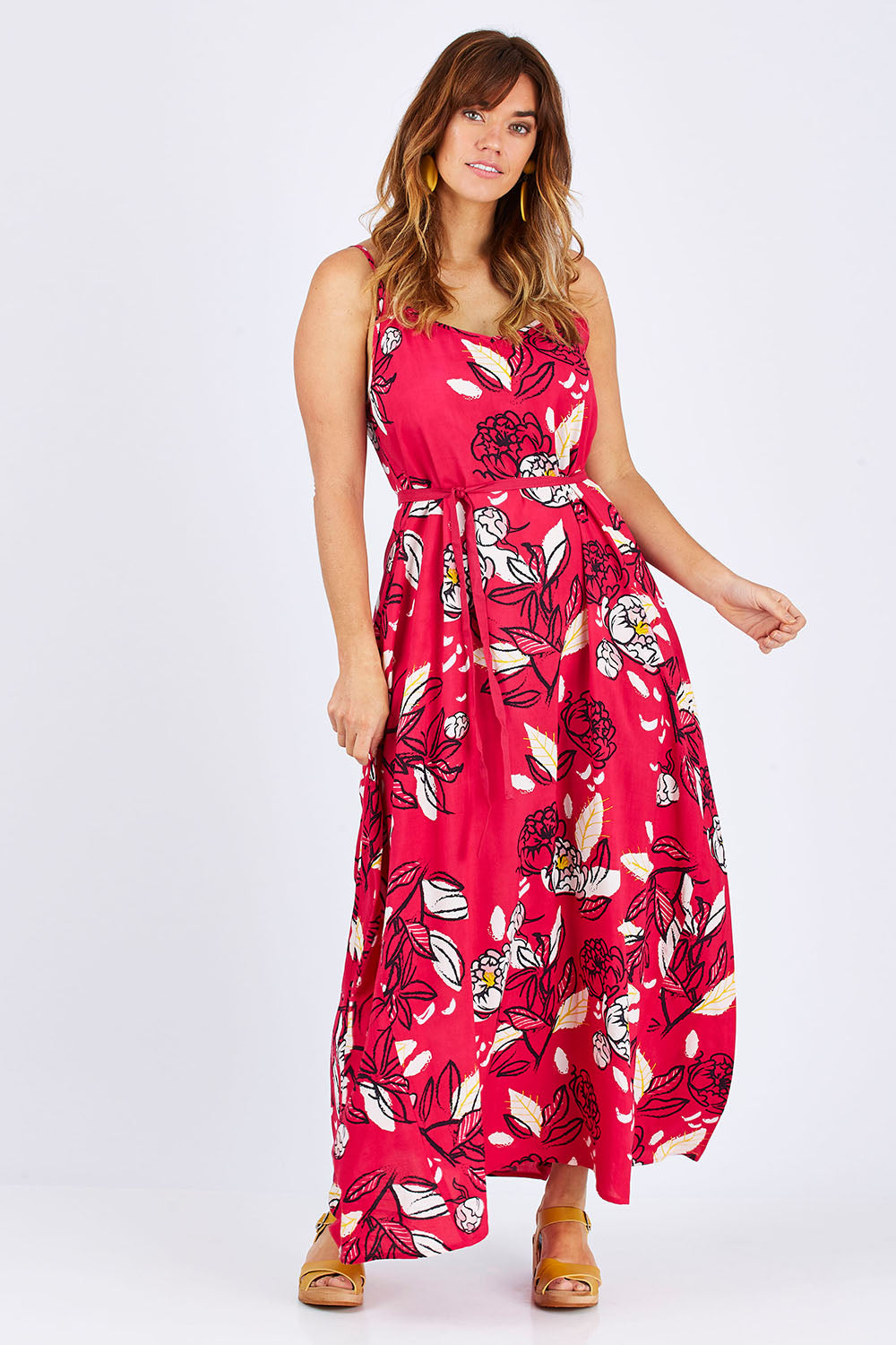 Model Laura wearing size 12 of the Penny Maxi Dress Catalonia in colour Pink (Pink), from the front, showing the whole outfit