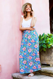 Model Alex wearing size 10 of the Loretta Maxi Skirt Mojito in colour Blue (Blue), from the front, showing the whole outfit