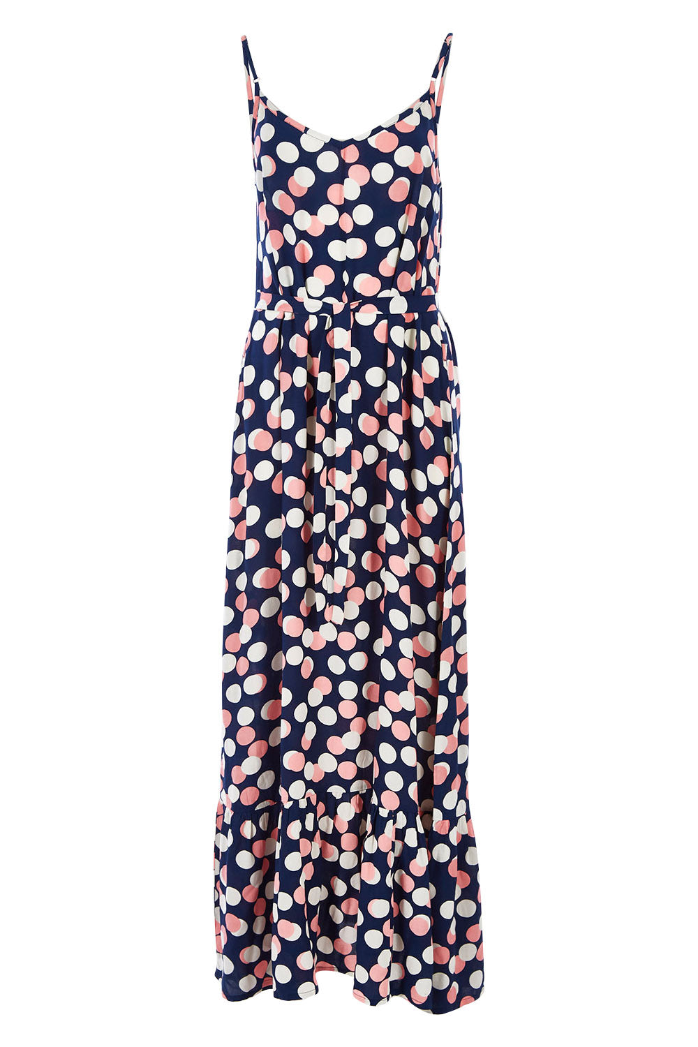 Product shot of the Shelly Maxi Dress Smarty Dots in colour Navy (Blue), from the front
