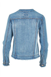 Product shot of the Collarless Jacket in colour Denim (Blue), from the back