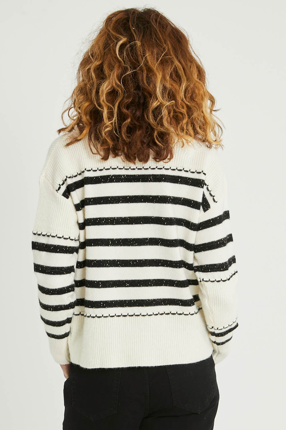 Model Emma wearing size S of the Stripe Detail Knit Jumper in colour Ivory (White), from the back