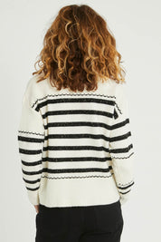 Model Emma wearing size S of the Stripe Detail Knit Jumper in colour Ivory (White), from the back