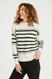 Model Emma wearing size S of the Stripe Detail Knit Jumper in colour Ivory (White), from the front, cropped image