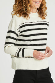 Model Emma wearing size S of the Stripe Detail Knit Jumper in colour Ivory (White), from the front, cropped image