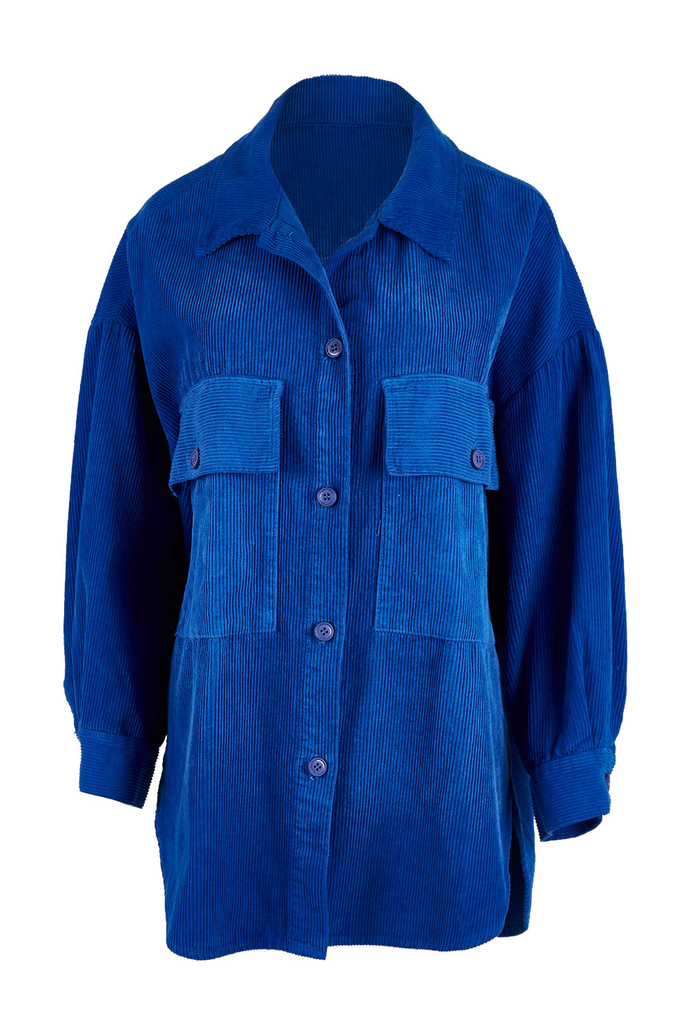 Product shot of the Zoe Cord Shacket in colour Cobalt (Blue), from the front