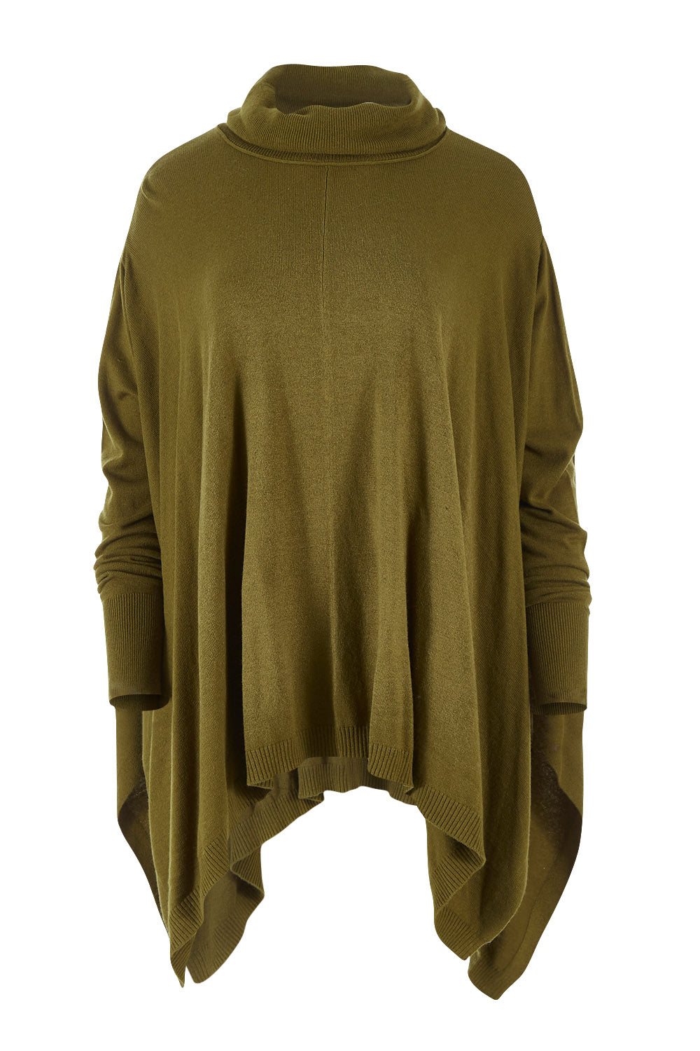 Product shot of the Poncho Pullover in colour Moss (Green), from the front