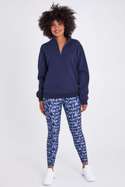 Model Olivia wearing size 10 of the Ab Waisted Power Moves Tights in colour Tallulah (Blue), from the front, showing the whole outfit