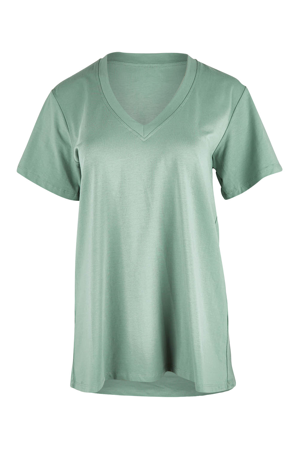 Product shot of the Cotton Jersey V Neck Tee in colour Sage (Green), from the front