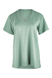 Product shot of the Cotton Jersey V Neck Tee in colour Sage (Green), from the front