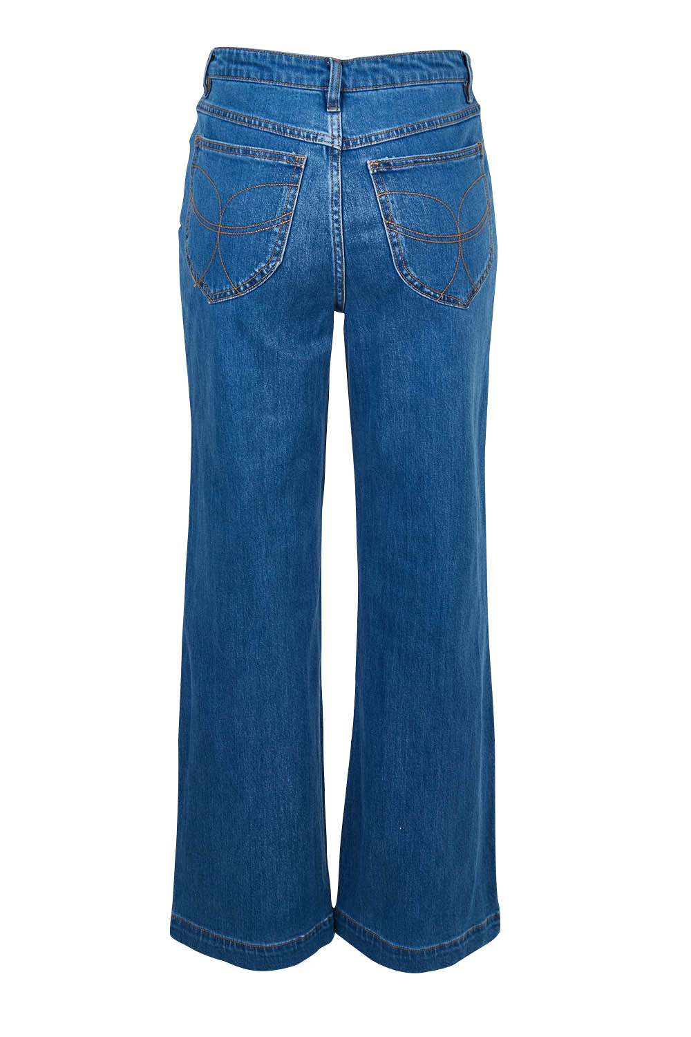 Product shot of the Katie Highin colourWaisted Front Pocket Wide Leg Jean - Middenim (Blue), from the back