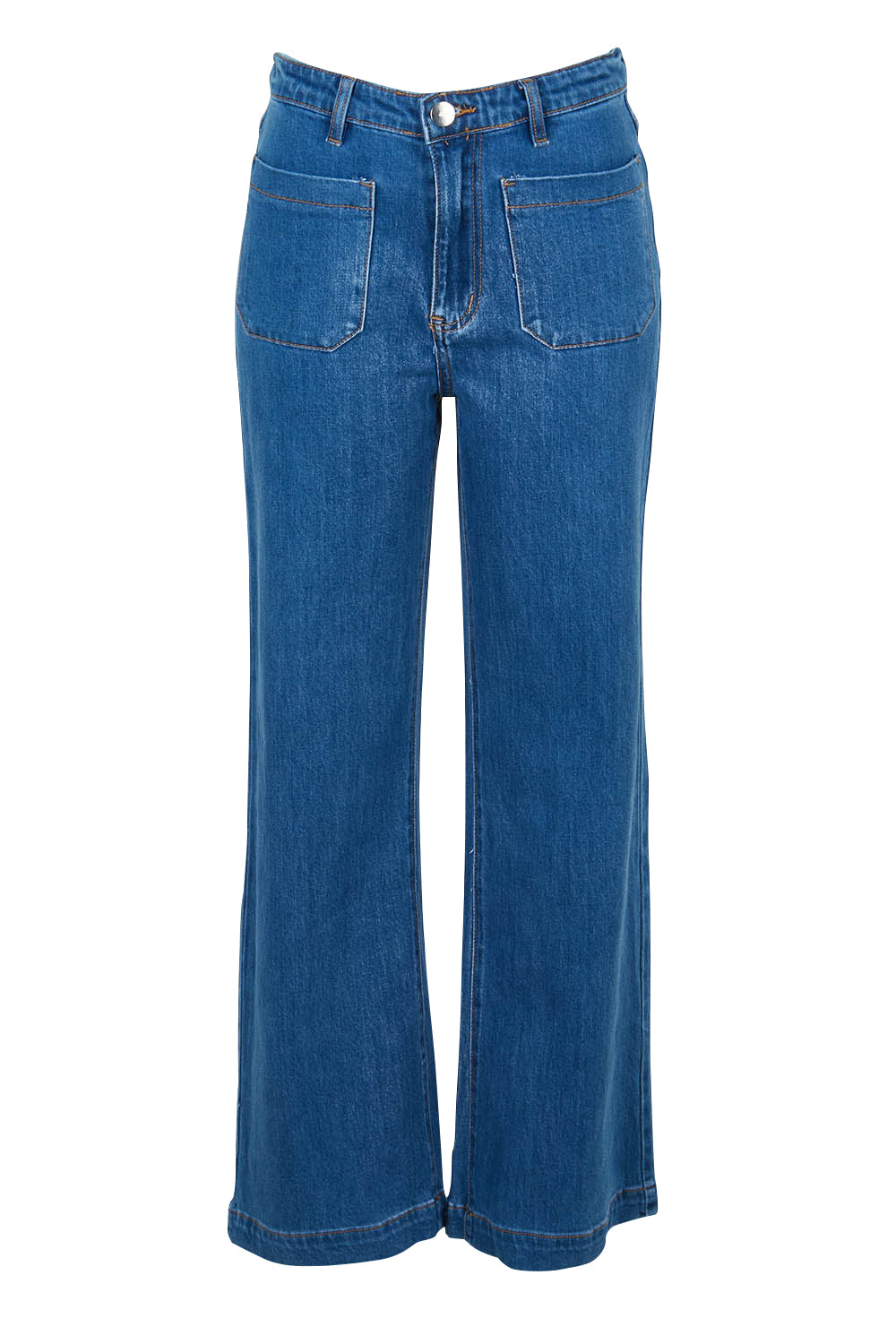Product shot of the Katie Highin colourWaisted Front Pocket Wide Leg Jean - Middenim (Blue), from the front