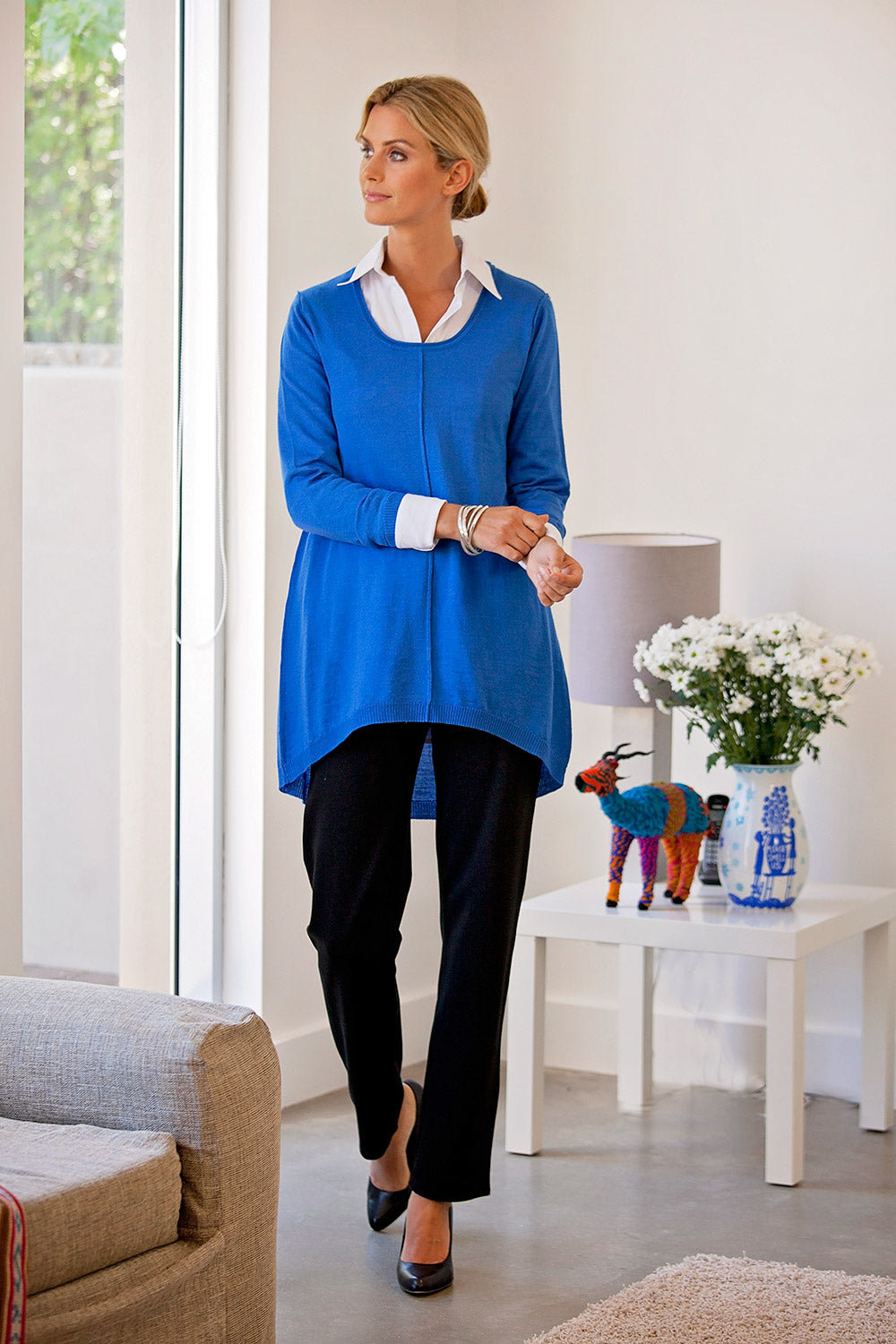 Model Natalie wearing size 10 of the Straight Leg Ponte Pant in colour Black (Black), from the front, showing the whole outfit