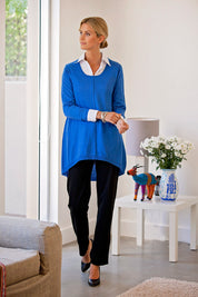 Model Natalie wearing size 10 of the Straight Leg Ponte Pant in colour Black (Black), from the front, showing the whole outfit