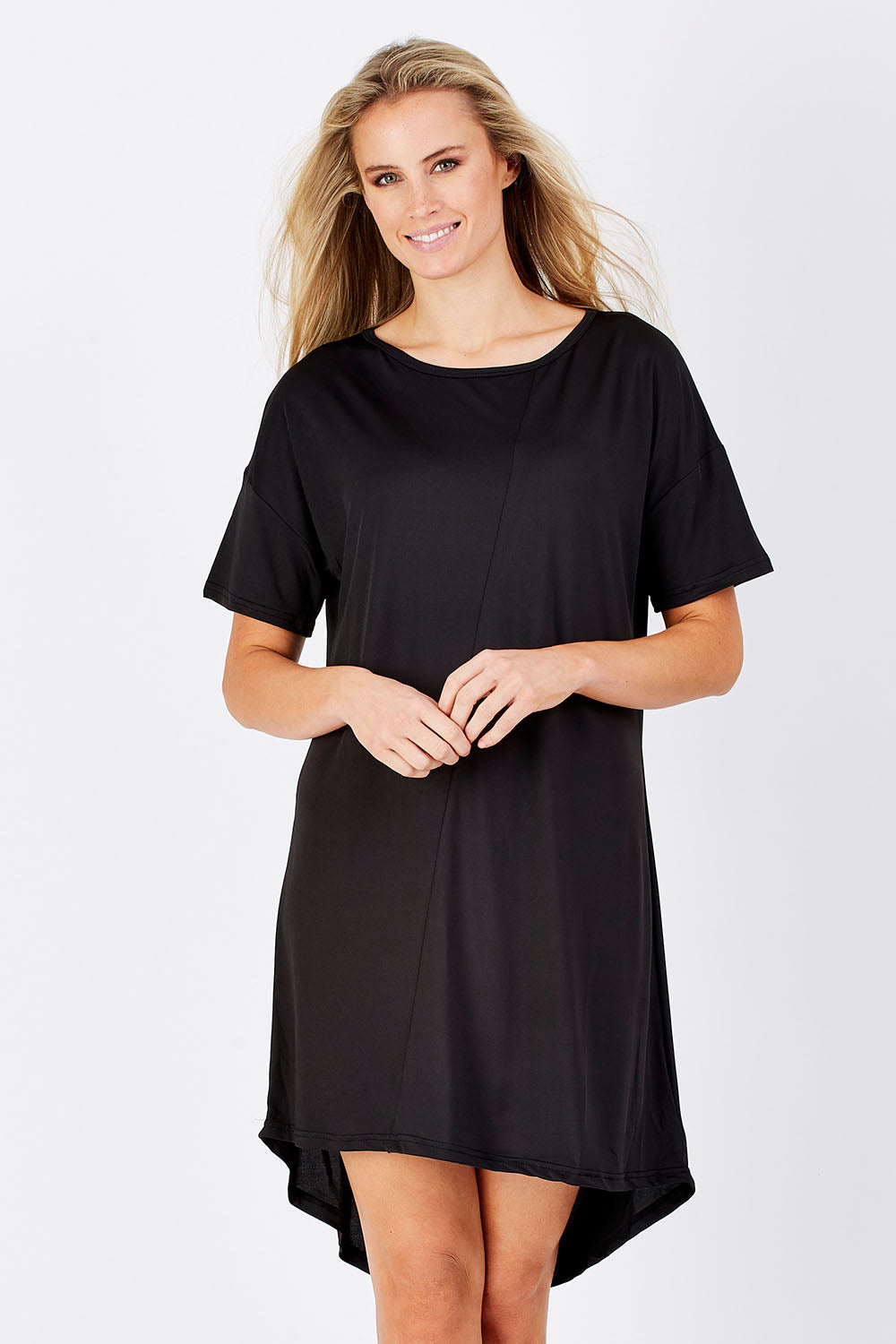 Model Maddy wearing size S of the Jasmine Tin colourshirt Dress - Black (Black), from the front, cropped image