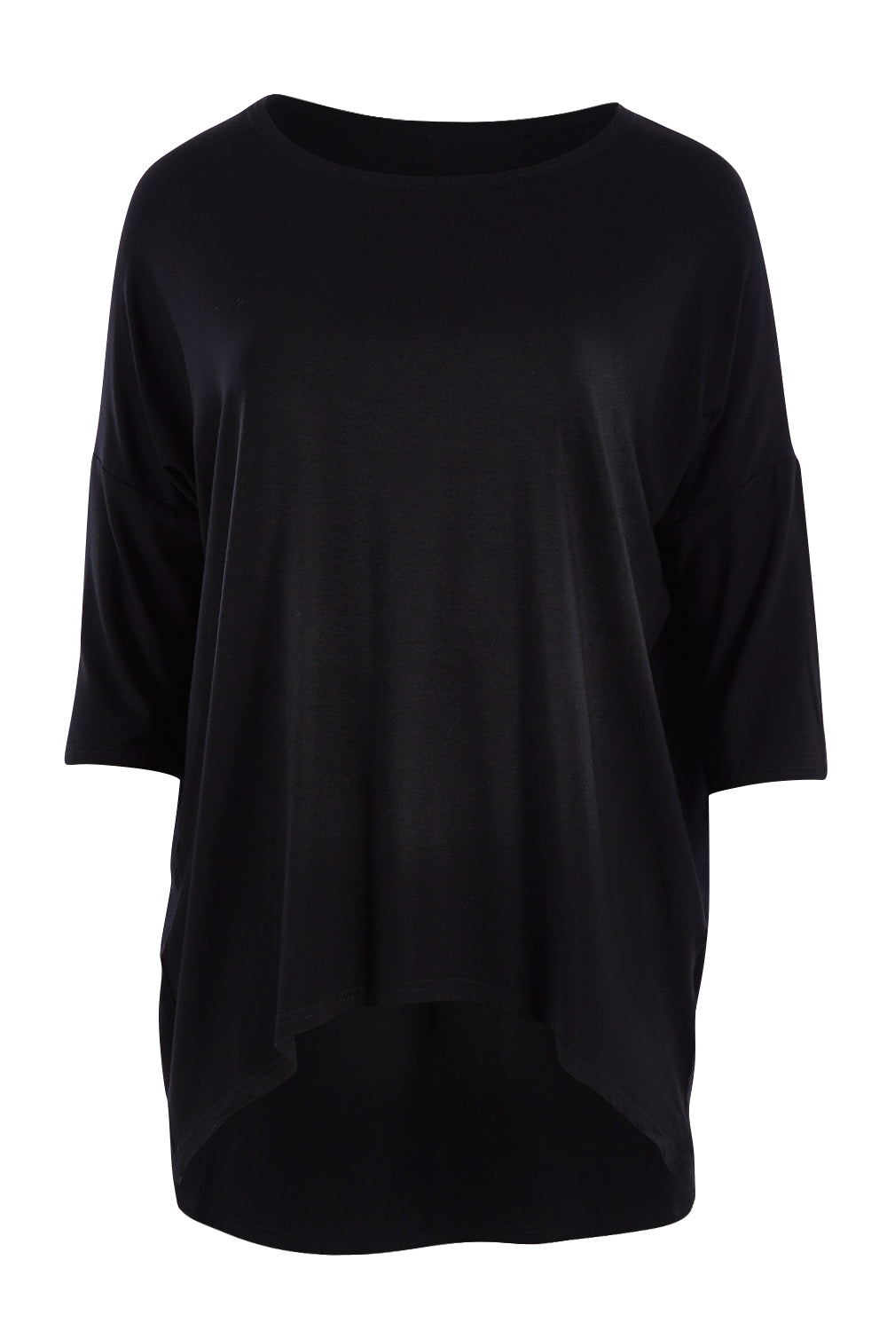 Product shot of the Relaxed High Low Bamboo Top in colour Black (Black), from the front