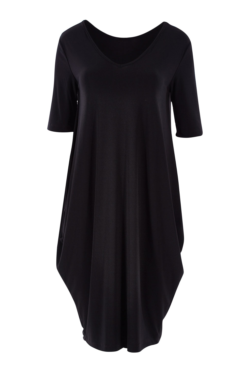 Product shot of the Preloved Flowing V Neck Dress in colour Black (Black), from the front