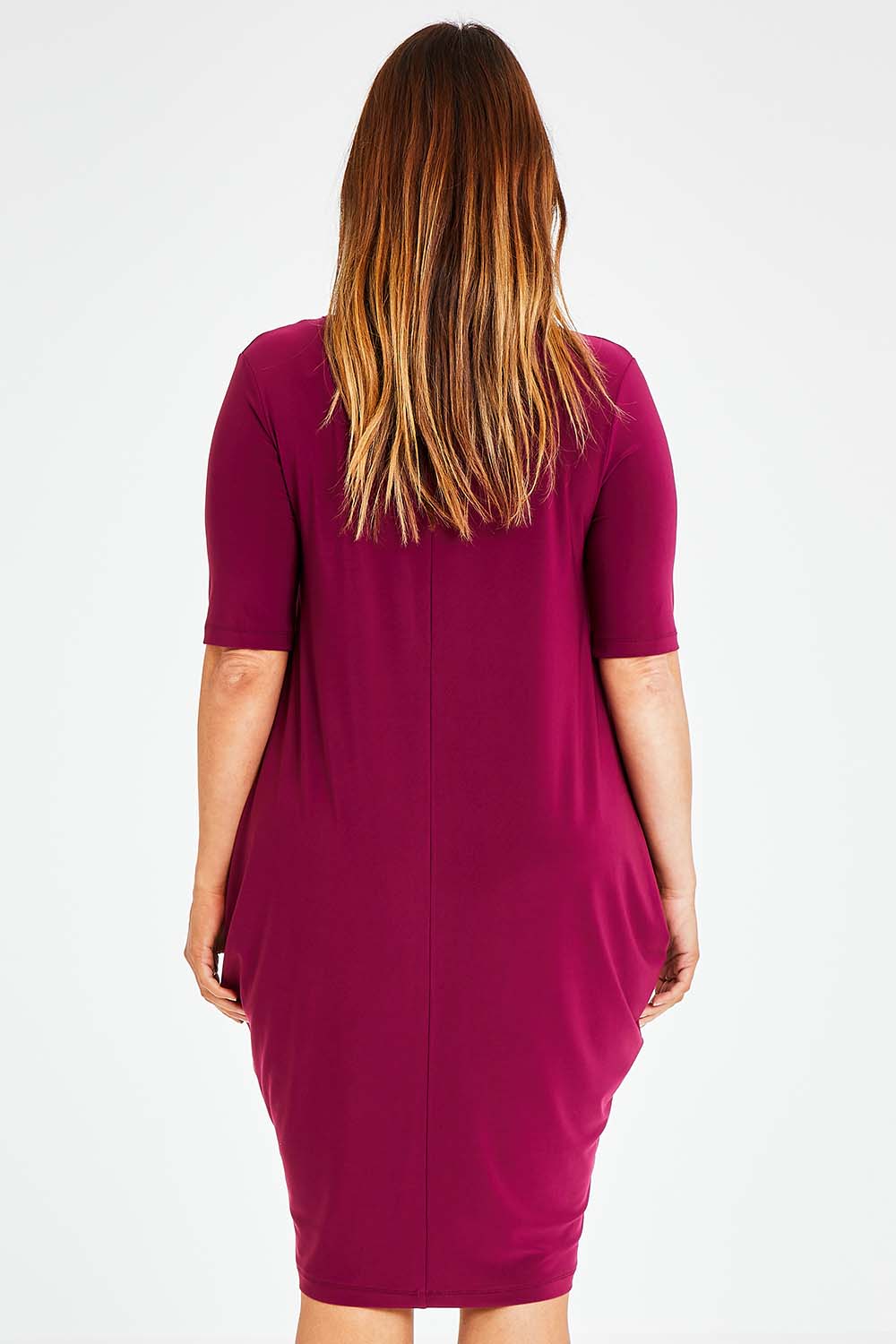 Model Laura wearing size 14 of the Preloved Flowing V Neck Dress in colour Purple (Purple), from the back