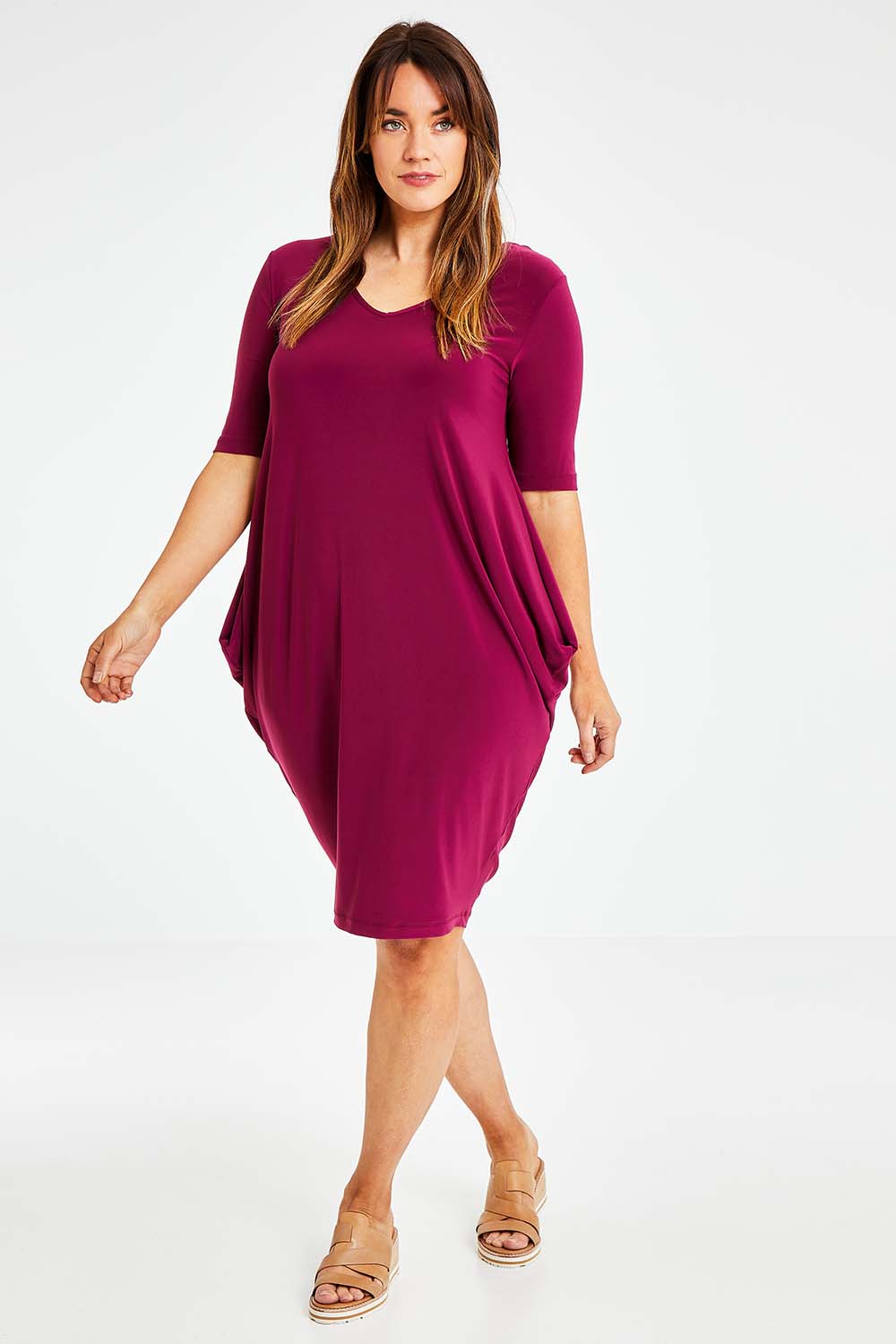 Model Laura wearing size 14 of the Preloved Flowing V Neck Dress in colour Purple (Purple), from the front, showing the whole outfit