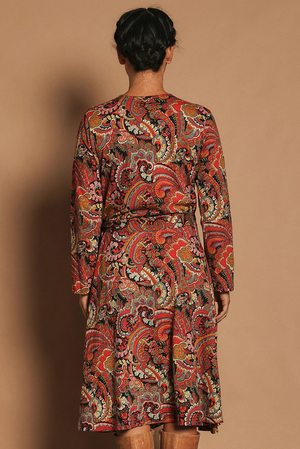 Model Katie wearing size S of the Sunburst Cotton Wrap Dress in colour Hackney, from the back