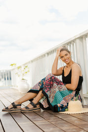 Model Phoebe wearing size OneSize of the Gypsy Panel Skirt in colour Multiprint (Blue), from the front, showing the whole outfit