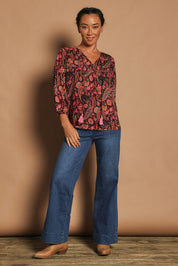 Model Katie wearing the Palais Top in colour Chelsea, from the front, showing the whole outfit