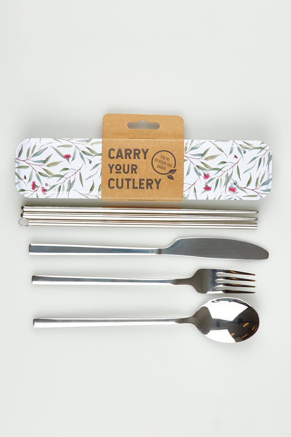 A model wearing size OneSize of the Carry Your  Stainless Steel Cutlery Set in colour Eucalyptus (Green), from the front, showing the whole outfit