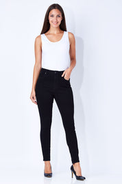 Model Anna wearing size 10 of the Hi Rider Skinny Jean in colour ExBlack (Black), from the front, showing the whole outfit