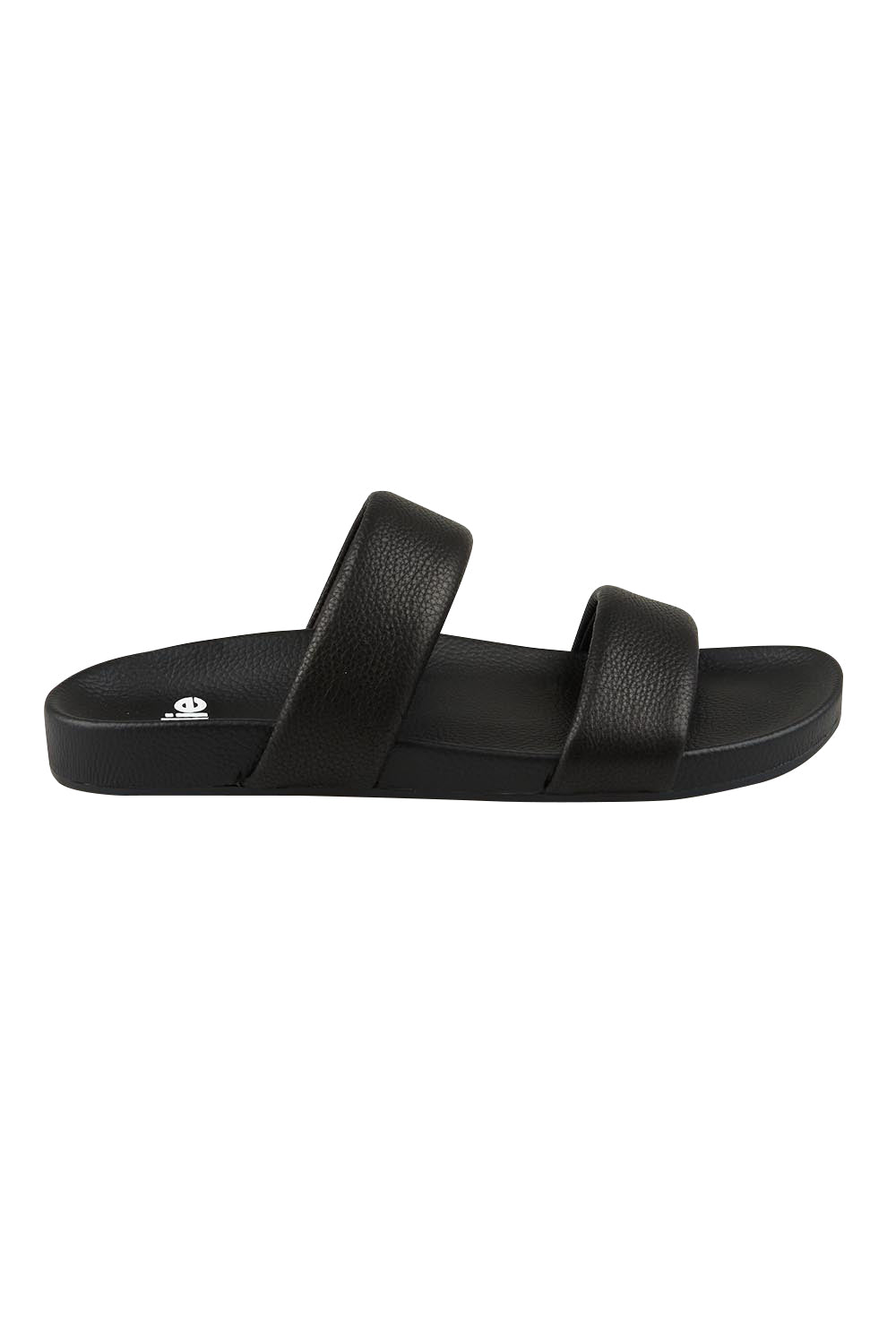 Product shot of the Tide Leather Double Strap Slide in colour Black (Black), from the front