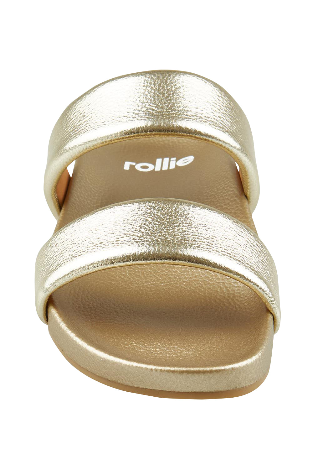 Product shot of the Tide Leather Double Strap Slide in colour Softgold (Metallics), detail