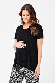 A model wearing the Short Sleeve Nursing Maternity Tee in colour Black (Black), from the front, cropped image
