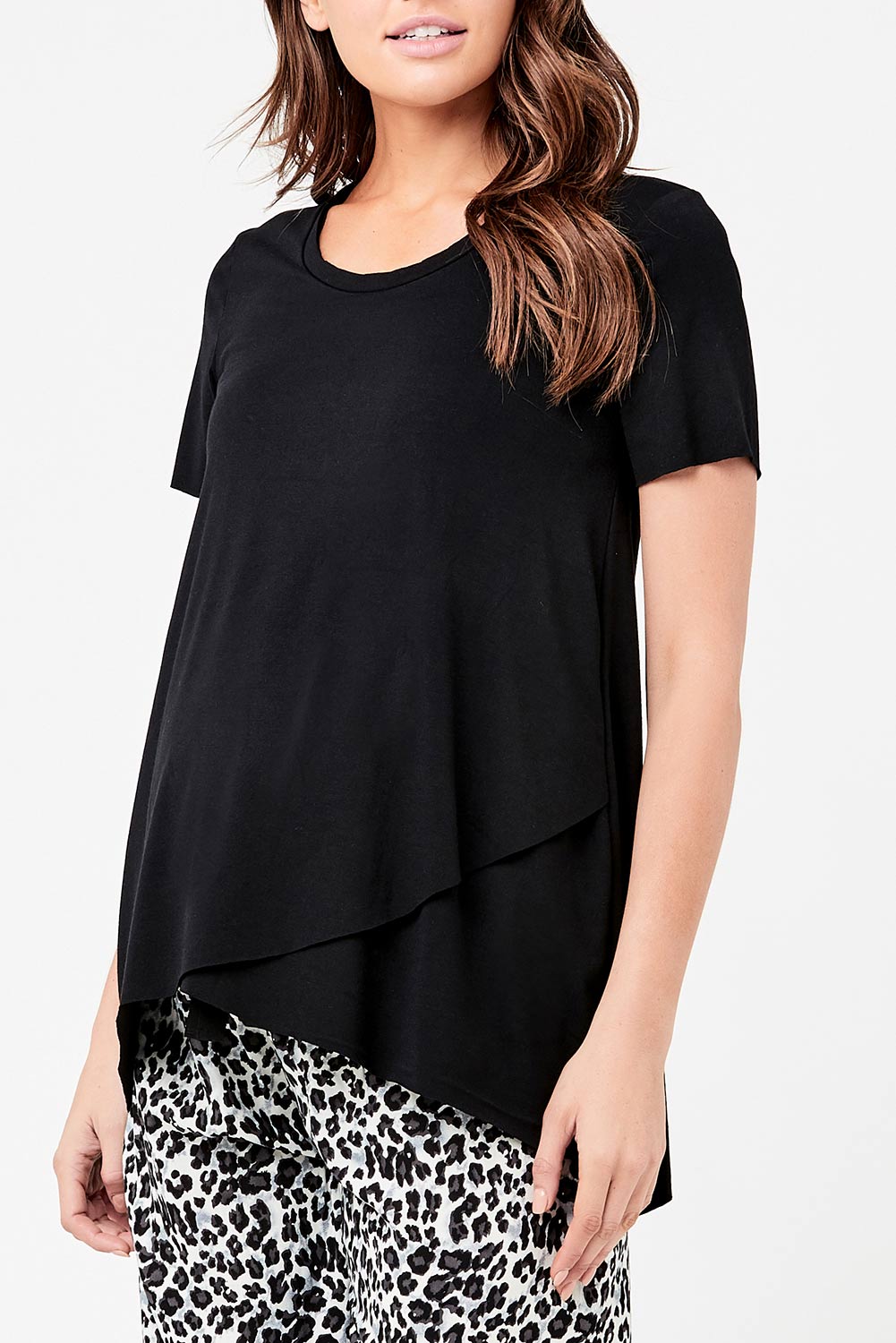 A model wearing the Short Sleeve Nursing Maternity Tee in colour Black (Black), from the front, cropped image