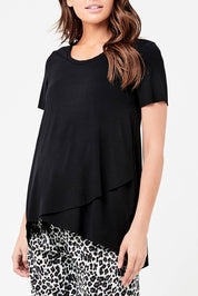 A model wearing the Short Sleeve Nursing Maternity Tee in colour Black (Black), from the front, cropped image