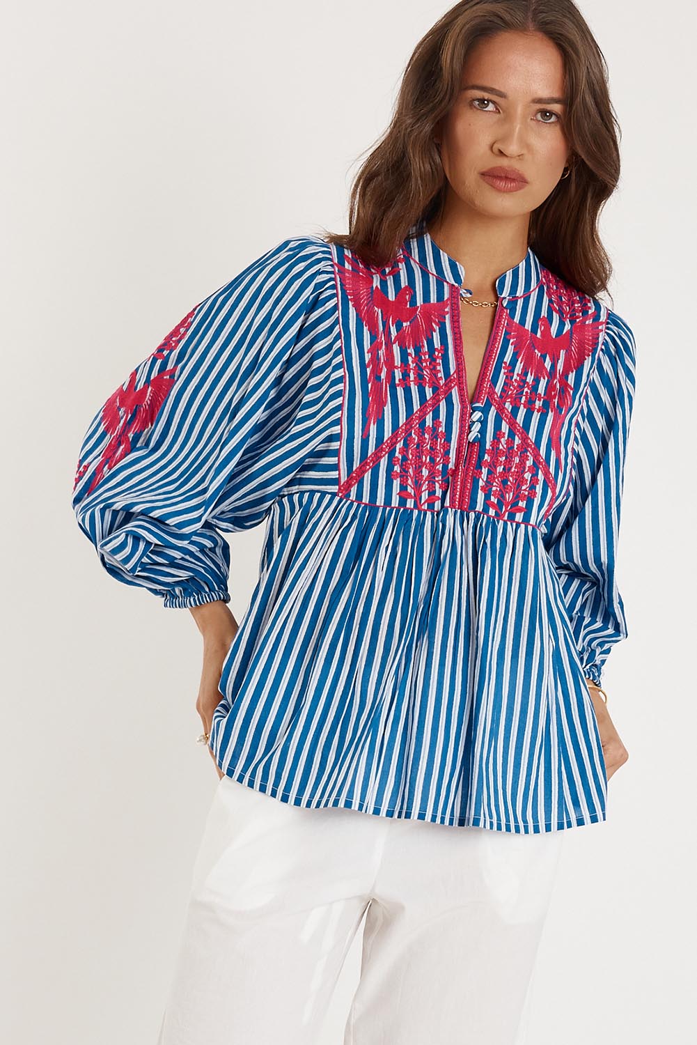 A model wearing the Antibes Cotton Shirt in colour Blue (Blue), from the front, cropped image