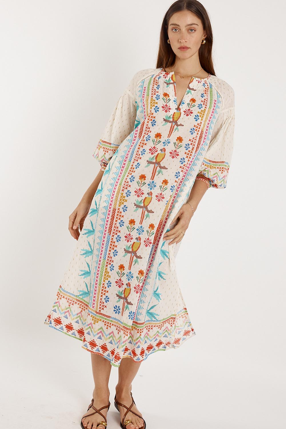 A model wearing the Biscay Cotton Blend Dress in colour White (White), from the front, showing the whole outfit