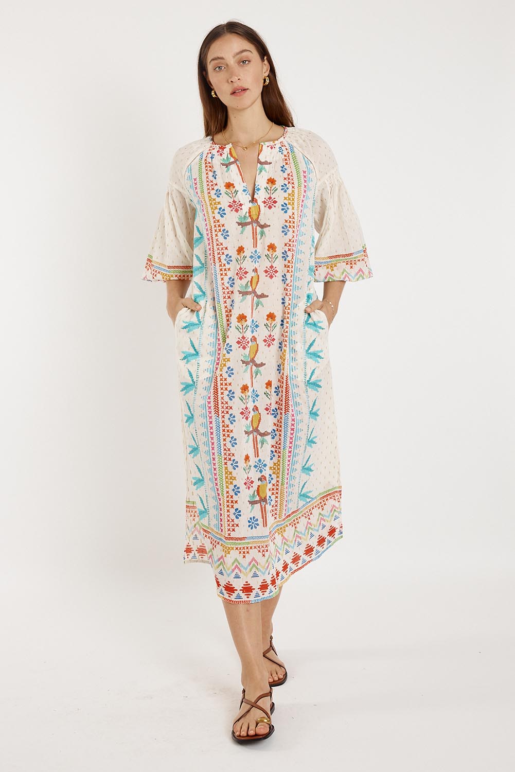 A model wearing the Biscay Cotton Blend Dress in colour White (White), from the front, showing the whole outfit