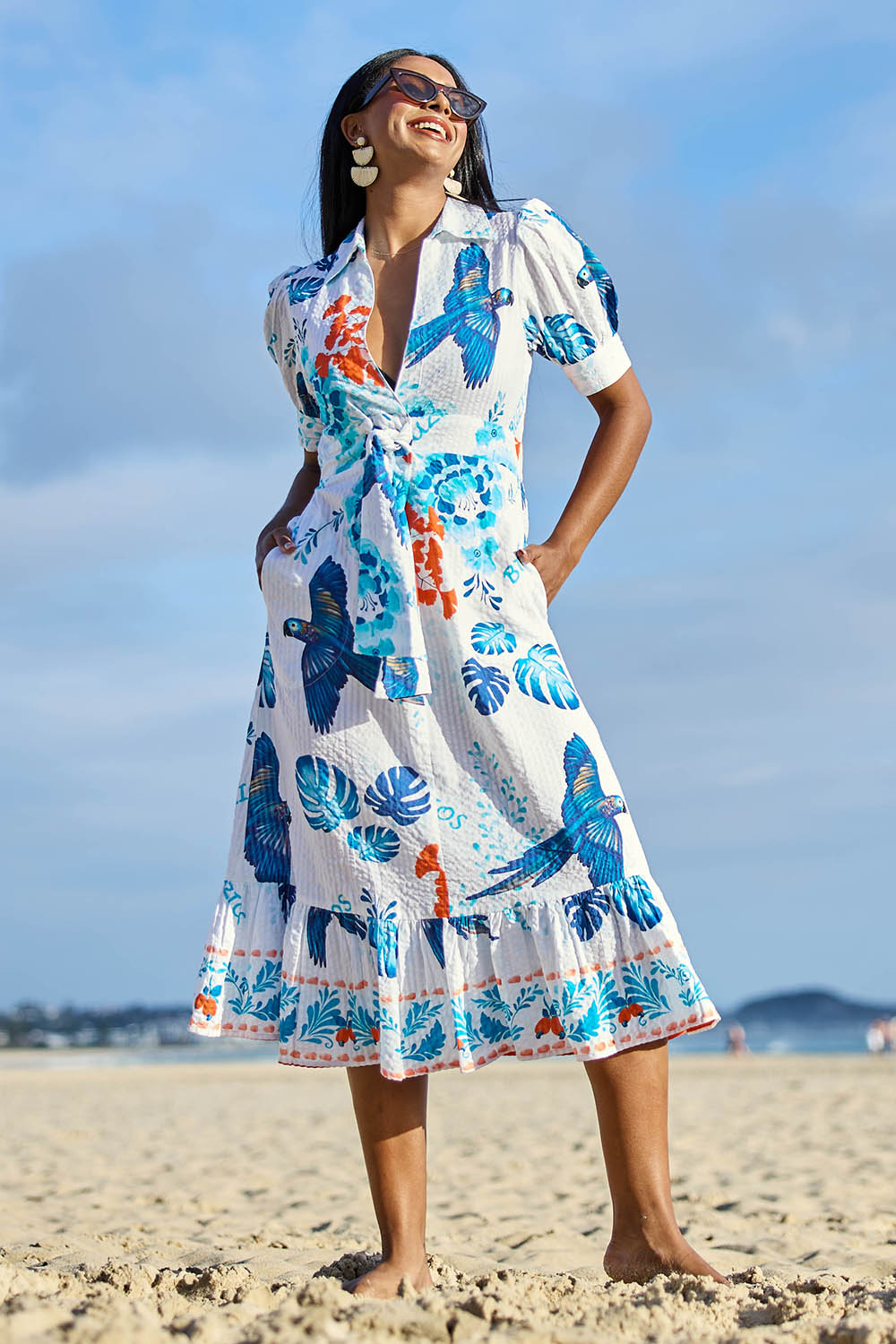 Model Eshan wearing size 10 of the Buzios Dress – Print in colour Print, from the front