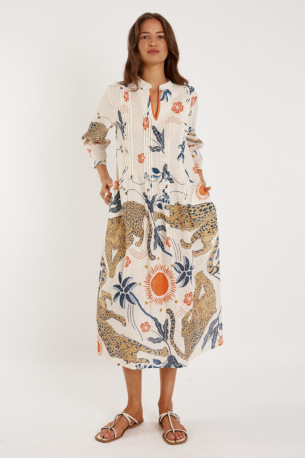 A model wearing the Celine Cotton Kaftan Dress in colour Print, from the front, showing the whole outfit