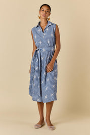 Model Genericm wearing size sample of the Ellie Ray Dress – Blue in colour Blue, from the front