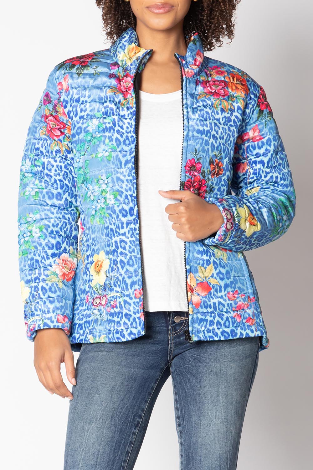 A model wearing the Florentyna Puffer Jacket in colour Blue (Blue), from the front, cropped image