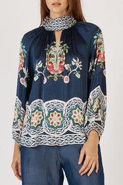 A model wearing the Garcia Shirt in colour Navy (Blue), from the front, cropped image